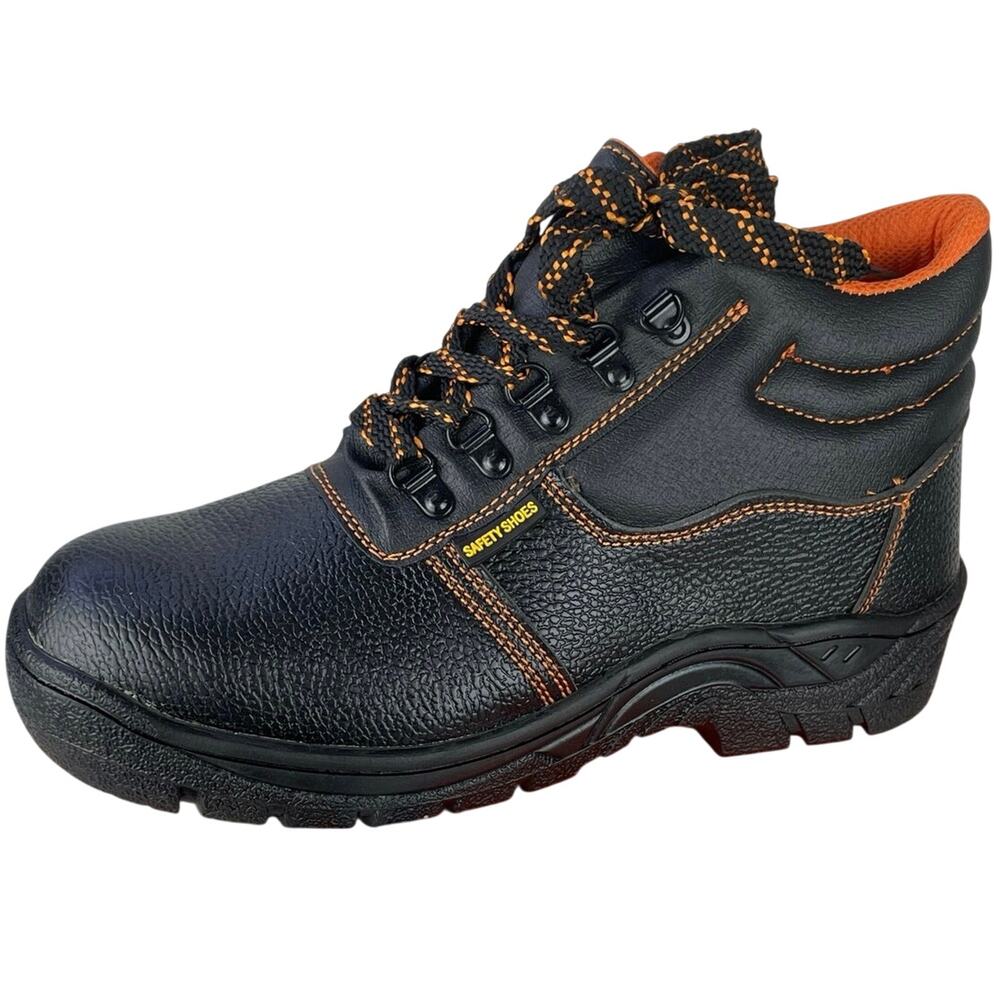 Safety Steel Toe Mens Work Boots Black Orange Padded Collar Anti Slip NIB Sz 42
